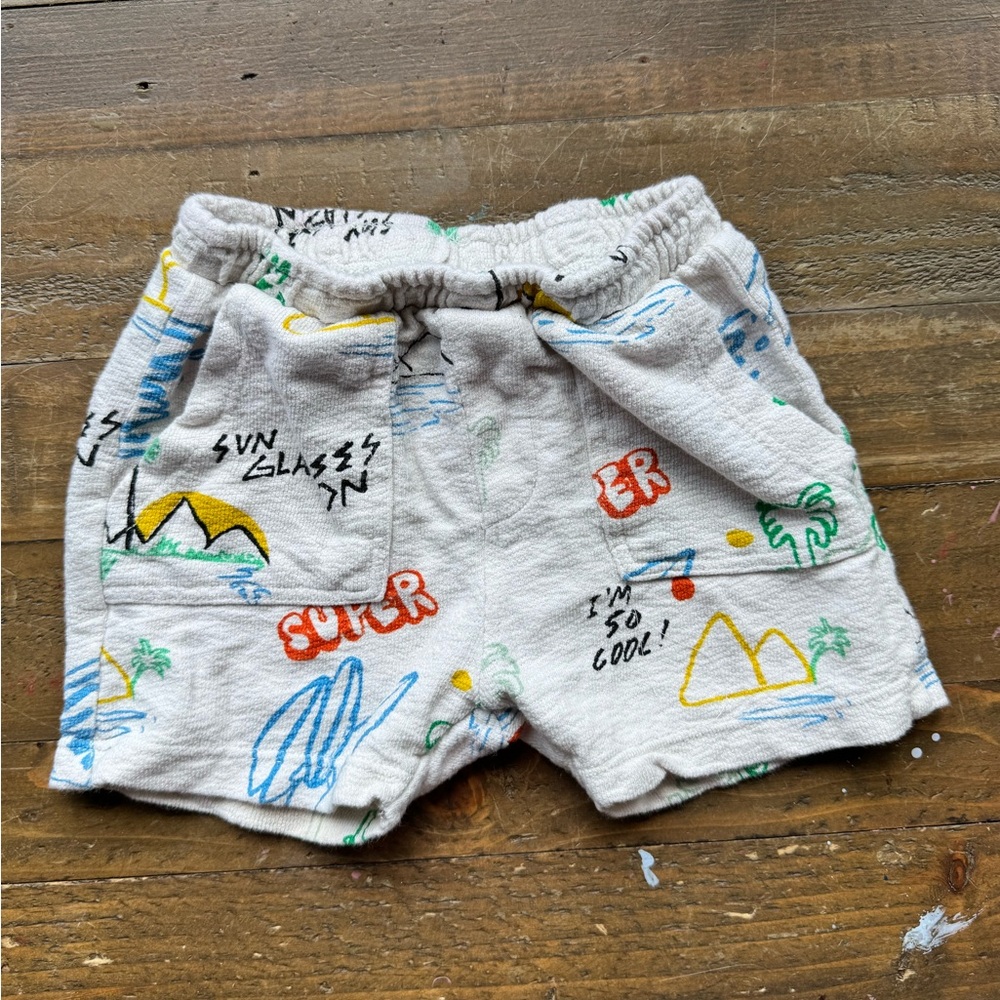 Zara Cream Graphic Drawstring Shorts with Multicolor Accents